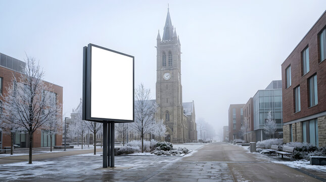 Blank billboard mockup on snowy city street with historic church tower in winter