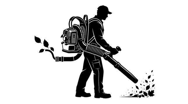 Worker Using a Backpack Leaf Blower for Seasonal Garden Maintenance and Exterior Cleaning Services