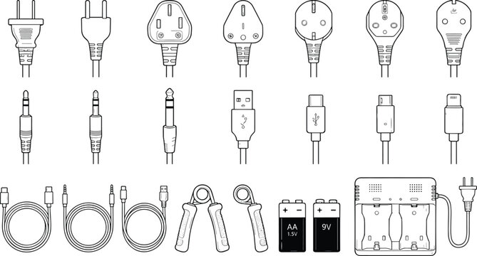Detailed black line vector icon set featuring international power plugs usb audio jack type c cables hand grippers rechargeable batteries and charger station