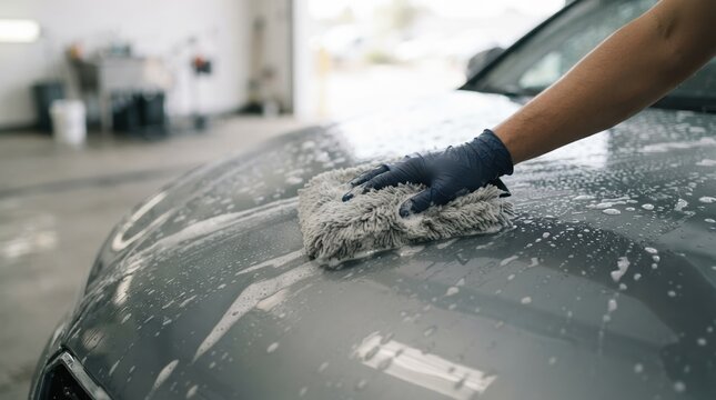 Detailer washing car hood with soapy mitt in garage, professional auto detailing and vehicle maintenance concept