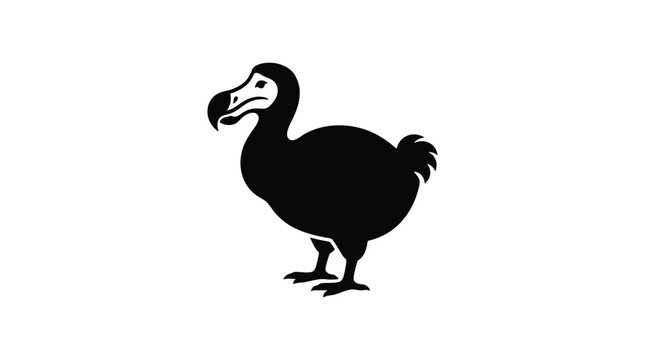 A detailed black and white silhouette of a dodo bird showing its iconic beak standing in a simple profile view