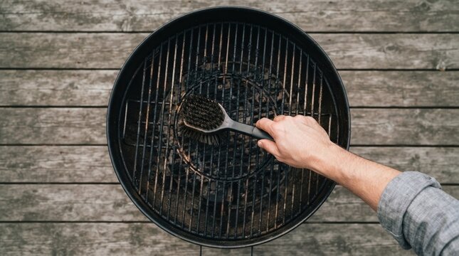 Man cleaning a charcoal barbecue grill with a brush on a wooden deck background top view