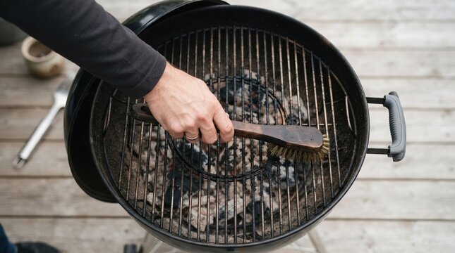 Man cleaning black charcoal grill grate with wooden brush outdoors on a wooden deck