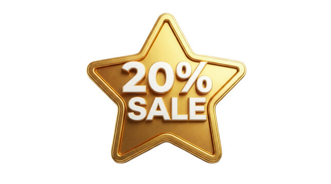 Gold star 20 percent sale badge isolated on transparent background