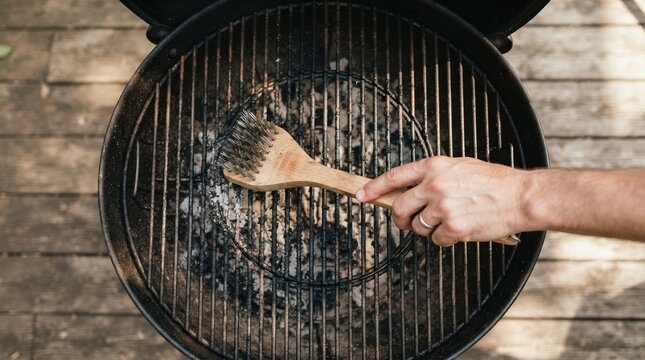 Person cleaning a charcoal grill grate with a wire brush outdoors on a wooden deck for summer barbecue preparation