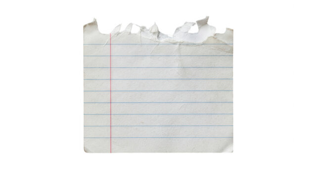 Torn piece of lined notebook paper isolated on a transparent background