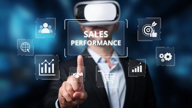 A business professional interacts with virtual reality technology to analyze sales performance, enhancing decision-making processes in a modern digital workspace. Raster