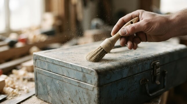 Craftsman brushing sawdust off old metal toolbox in carpentry workshop