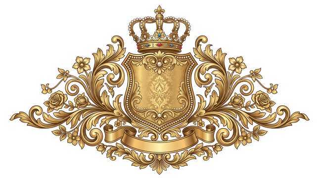 Ornate golden heraldic crest with crown and shield design.