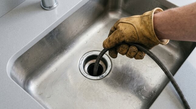 Plumber clearing a clogged kitchen sink drain with a flexible metal auger snake tool for home maintenance