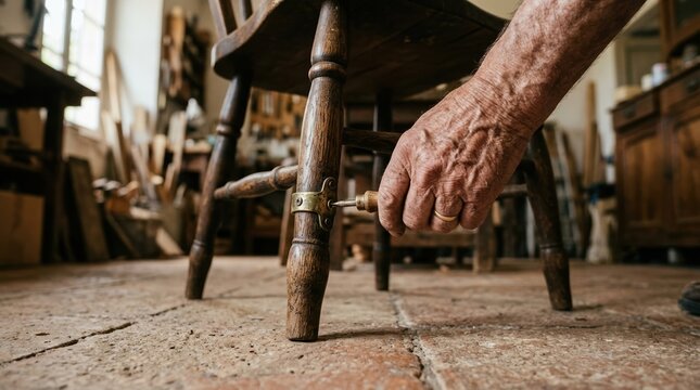 Elderly male carpenter repairing a wooden chair with a screwdriver in his workshop