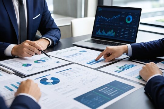 Business team analyzing financial charts in meeting room with laptop and documents