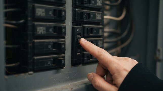 Close up of a human hand flipping an electrical circuit breaker switch in a residential home fuse panel