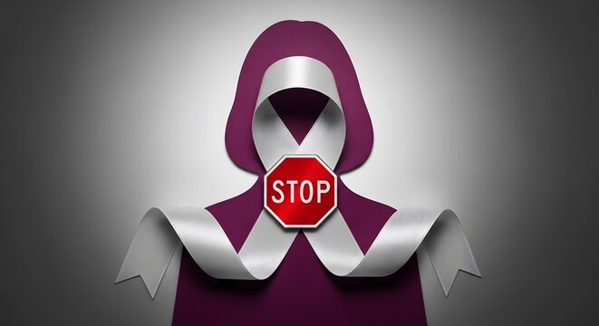 Digital illustration of a hooded figure with a white ribbon and a stop sign symbolizing silence and prohibition.