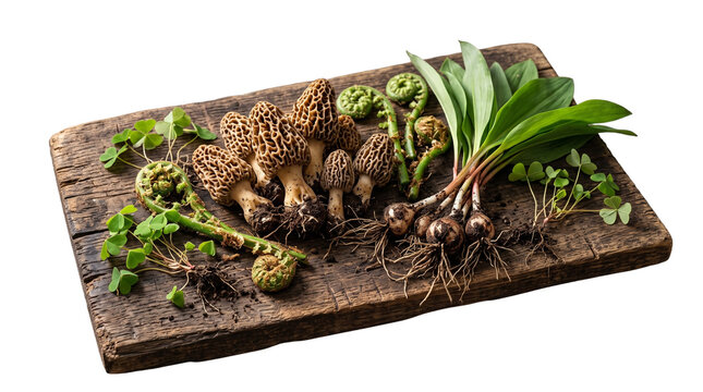 Foraged wild forest ingredients with morel mushrooms, ramp wild garlic, and fiddlehead ferns on wooden board