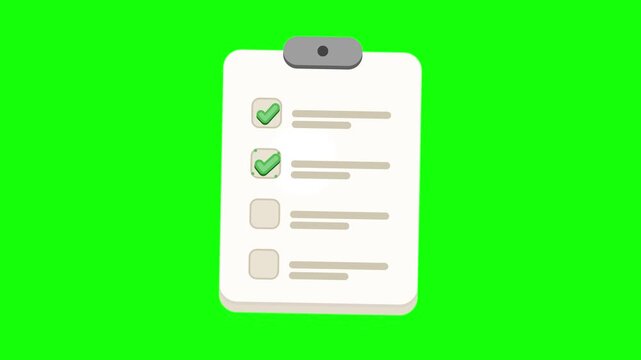 3D clay clipboard to do list animation on green screen. Green checkmark marks popping up on checklist paper for productivity and task completed concept. Chroma key background in 4k
