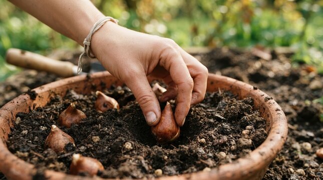 Close up of a caucasian woman planting flower bulbs in a ceramic pot in the garden