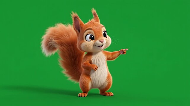 Cute 3d squirrel character gesturing and presenting on green screen