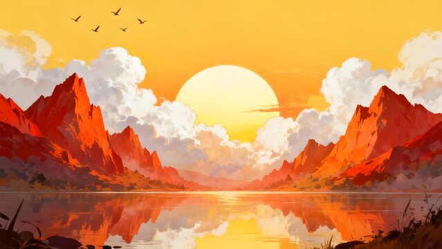 Vibrant sunset over orange-hued mountain range with mirrored lake reflection and flying birds in golden sky