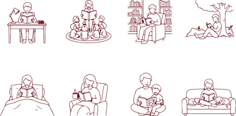 Obraz premium People reading books in various settings indoors outdoors learning and leisure activities.