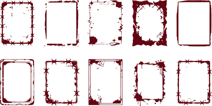 Decorative borders frames with grunge elements blood splatters and barbed wire for design.