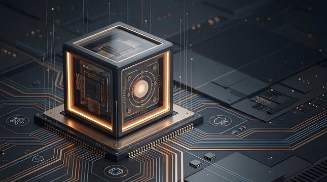 Artificial intelligence microchip with glowing gold circuit lines representing secure data encryption and advanced neural network processing