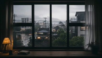 Naklejka premium Rainy Evening View Through Window with Warm Lamp and Books