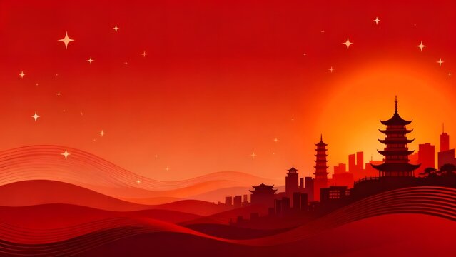 Red-hued sunset skyline featuring traditional pagodas and modern buildings against rolling hills and starry sky