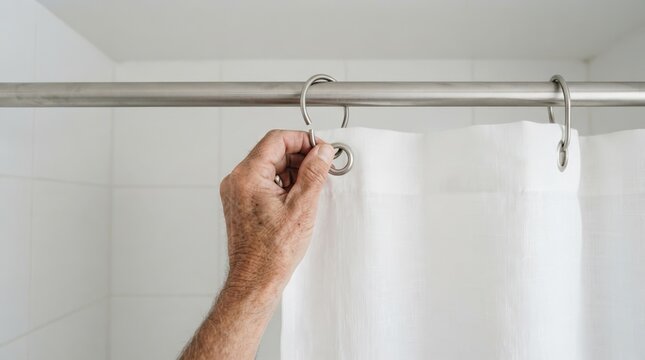 Elderly man hanging white shower curtain on metal rod in bathroom with white tile walls