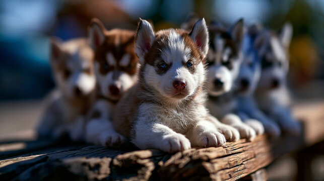 Group of cute husky puppies sitting in a row on a wooden outdoor bench with wolf like