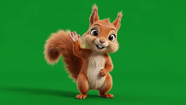 Cute animated squirrel waving and smiling on green screen background