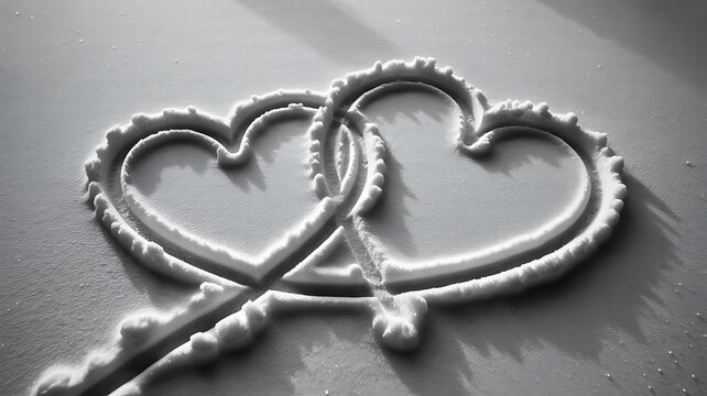 Two intertwined heart shapes drawn in snow symbolizing love, connection, and emotional warmth in winter