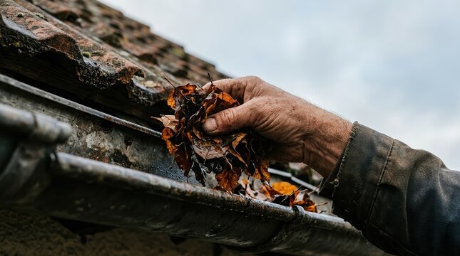 Elderly man clearing autumn leaves from a clogged roof gutter for home maintenance and seasonal cleaning
