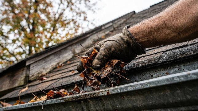 Middle-aged man cleaning leaves out of house rain gutter in autumn maintenance work