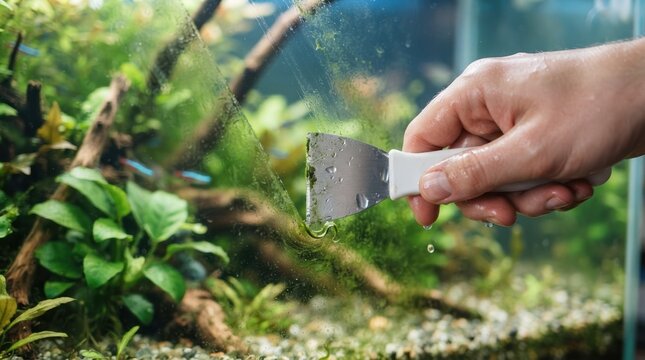 Person cleaning green algae from a planted freshwater aquarium glass with a metal scraper tool