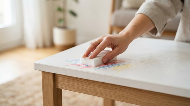 Woman cleaning crayon drawings off white wooden table with magic eraser sponge
