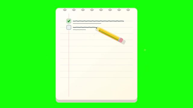 3D clay pencil writing line animation on green screen. Pencil tip drawing checkmarks on notepad with wood shavings for education and checklist write concept. Chroma key clip in 4k