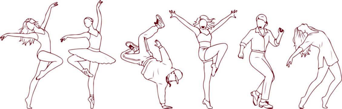 Diverse group of dancers in dynamic poses performing ballet hip hop and contemporary dance isolated.