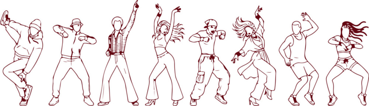 Energetic dancers hip hop street dance modern dance poses dynamic figures expressive movements urban style athletic choreography vibrant poses.