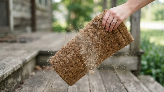Woman shaking dirt and dust out of a coir doormat on a porch, spring cleaning concept