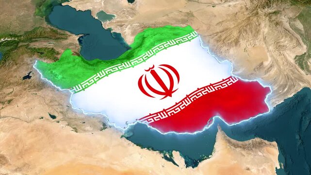 3D Satellite Map Animation of Iran's Geographic Location and Flag Highlight