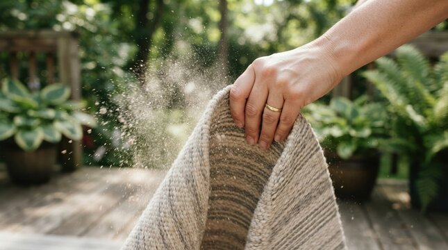 Woman shaking dust out of a woven rug outdoors on a wooden deck