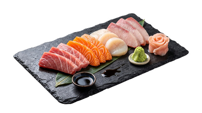 Fresh Japanese sashimi platter featuring salmon, tuna, scallop, and yellowtail with wasabi and ginger