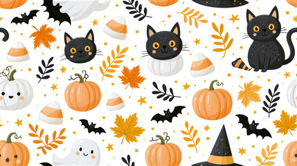 Naklejka premium Halloween seamless pattern with cat pumpkin bat ghost candy corn autumn leaf star black and orange background