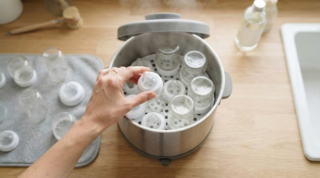 Woman sterilizing glass baby bottles in a steam sterilizer on a kitchen counter for infant health