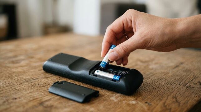 Woman inserting AAA batteries into a black television remote control on a wooden table, representing home electronics maintenance, appliance repair, and device setup.
