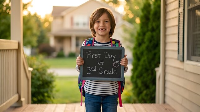 Boy holding first day of 3rd grade sign.