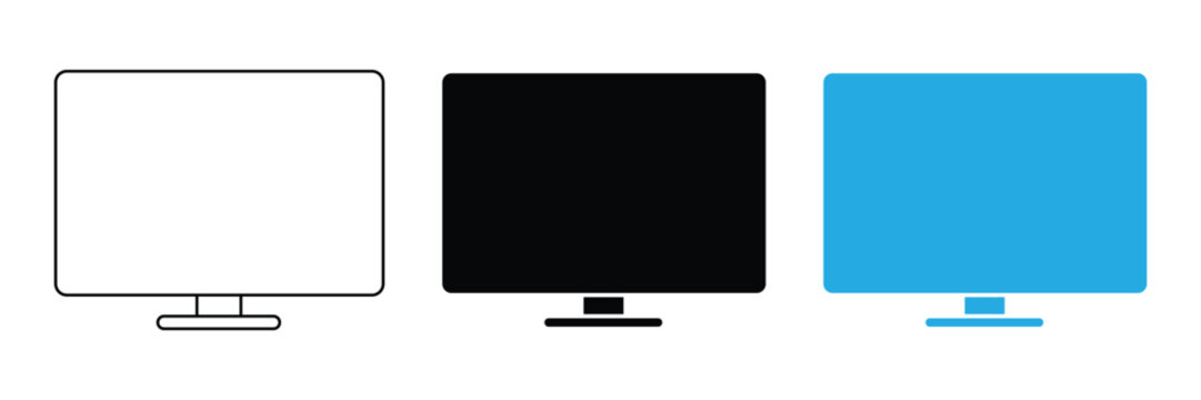 Computer Monitor Icon Set &ndash; Desktop Display Screen, PC Monitor, Digital Workspace, Technology Device, Outline & Silhouette Vector Collection