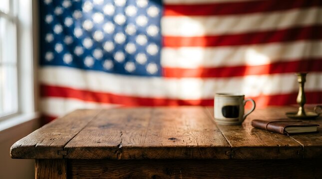 Rustic wooden table with a coffee mug and an american flag background for patriotic concepts