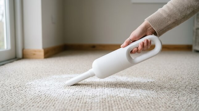 Woman using a compact handheld vacuum cleaner to clean baking soda powder from a carpet floor